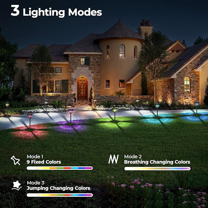 CINOTON 12 Pack RGBCW Solar Pathway Outdoor Lights, 3 Lighting Modes Solar LED Garden Lights, IP65 Waterproof Outside Solar Powered Landscape Lighting for Planter Lawn Pool Balcony RGB/Warm/Cold White-VerdiqueGarden
