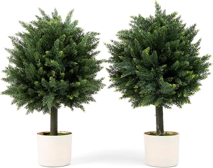 Premium 16" Diameter Artificial Cypress Topiary – Set of 2 Faux Plants in Beige Decorative Planters – UV-Resistant, Weatherproof, Realistic Outdoor & Indoor Greenery-VerdiqueGarden