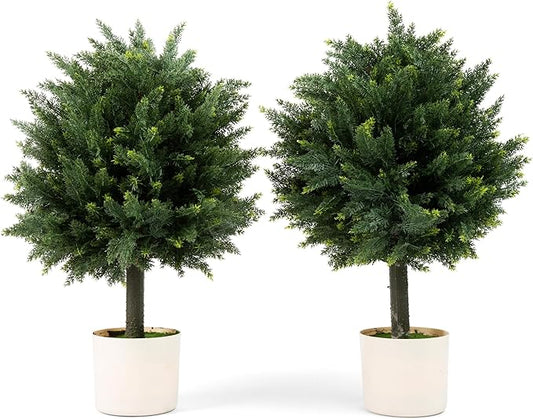 Premium 16" Diameter Artificial Cypress Topiary – Set of 2 Faux Plants in Beige Decorative Planters – UV-Resistant, Weatherproof, Realistic Outdoor & Indoor Greenery-VerdiqueGarden