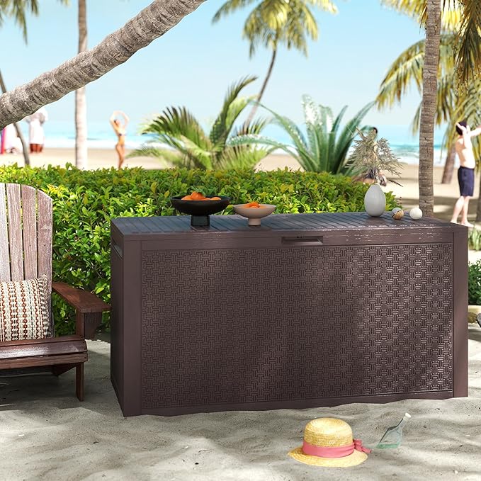 90 Gallon Resin Deck Box, Weatherproof Outdoor Storage Box for Patio, Garden, Pool, and Yard, Lockable Waterproof Bin for Tools, Cushions, and Accessories, Brown-VerdiqueGarden