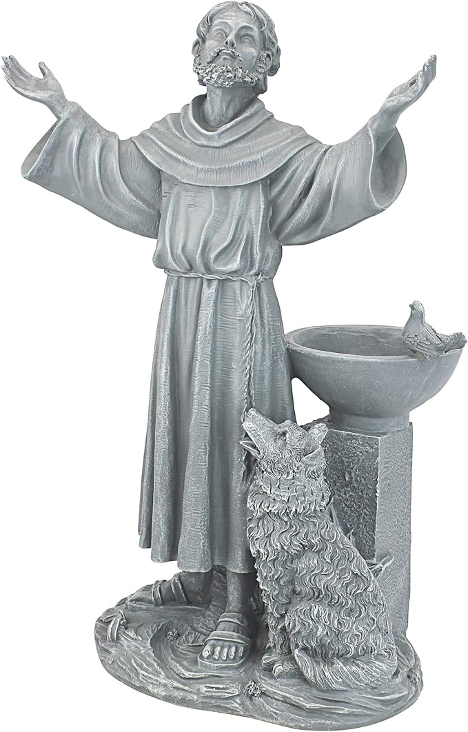 Design Toscano Francis of Assisi Blessing Religious Garden Decor Statue with Bird Bath Feeder, 19 inches Tall, Cast Stone Resin, Gray Stone Finish-VerdiqueGarden