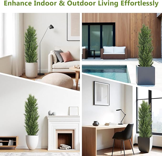 THE BLOOM TIMES 5ft Topiary Trees Artificial Outdoor – UV Resistant Faux Cedar Pine Cypress Bushes and Shrubs, Fake Potted Plants for Front Porch Outside Planter Patio Decor, Set of 2 (5 Foot)-VerdiqueGarden