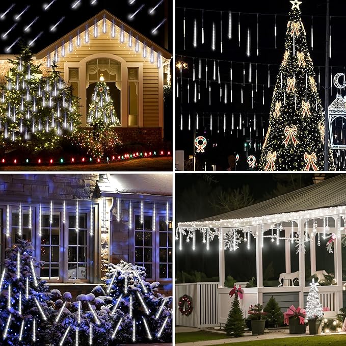 Aokudoni Christmas Lights Outdoor, 24 Tubes Meteor Shower Lights (Equivalent to 3 Sets of 8-Tubes), Waterproof Outside Christmas Decorations for Tree Window Yard Party Holiday, UL Plug, White-VerdiqueGarden