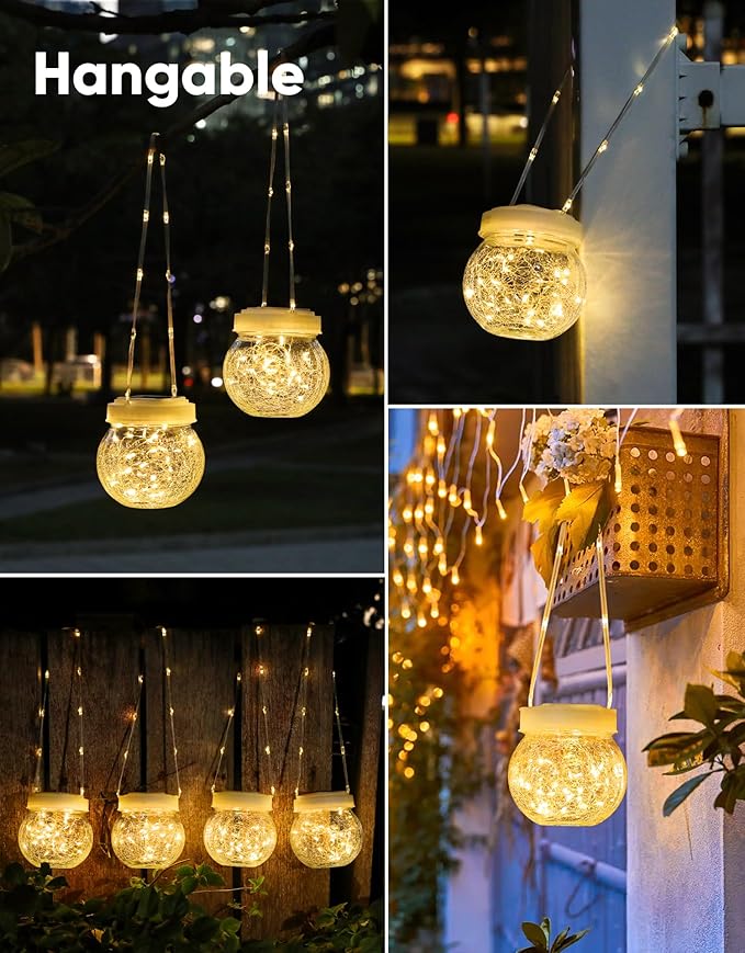 Solar Lantern Solar Lights Outdoor Waterproof 2-Pack, Solar Powered Hanging Lights Cracked Glass Hanging Globes for Christmas Decoration, Shepherd Hook, Garden Tree Ornaments, White Cap, Warm White-VerdiqueGarden