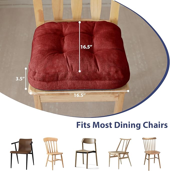 Chair Cushions for Dining Chairs, Dining Chair Cushions, Tufted Indoor Chair Pads with Ties & Non Slip Backing, Seat Cushions for Kitchen Chairs 16.5” x 16.5” x 3.5”, Set of 4, Red-VerdiqueGarden