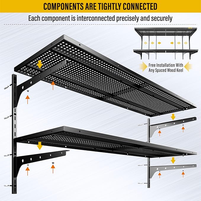2-Pack 2 Tier 1.3x4ft Garage Shelving Wall Mounted, 800 lbs Load Capacity，15.6x48inch per Shelf Height Cassette Adjustable Floating Shelves(Black)-VerdiqueGarden