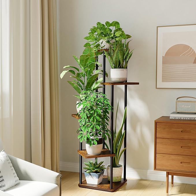 Bamworld Corner Plant Stand Indoor, 5 Tier Metal Plant Shelf for Multiple Plants, Tall Flower Stand for Patio Garden Balcony Living Room Bedroom(Brown)-VerdiqueGarden