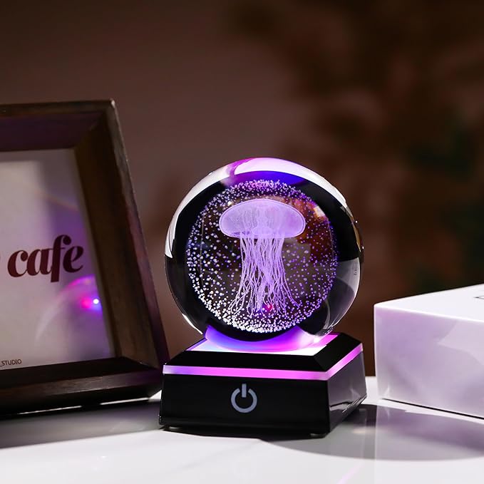 Qianwei Jellyfish Lamp for Women 3D Crystal Ball 3.14'' - 80mm Laser Jellyfish Decor Glass Animals Jellyfish Night Light Gifts Figurines Statue for Room Decorations Jellyfish Stuff-VerdiqueGarden