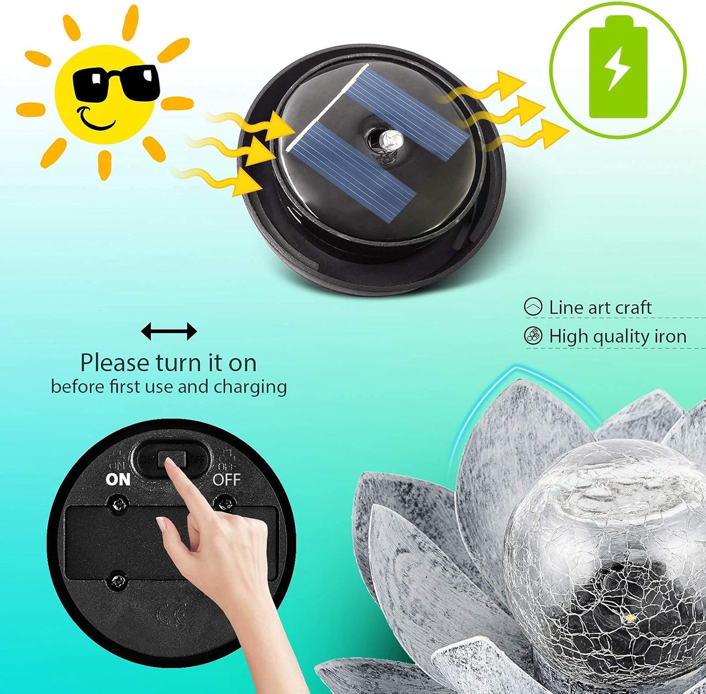 Huaxu Solar Lights Outdoor Garden, Crackle Globe Glass Lotus Decor, Waterproof LED Metal Flower Decorations for Patio,Lawn,Walkway,Tabletop,Ground-VerdiqueGarden