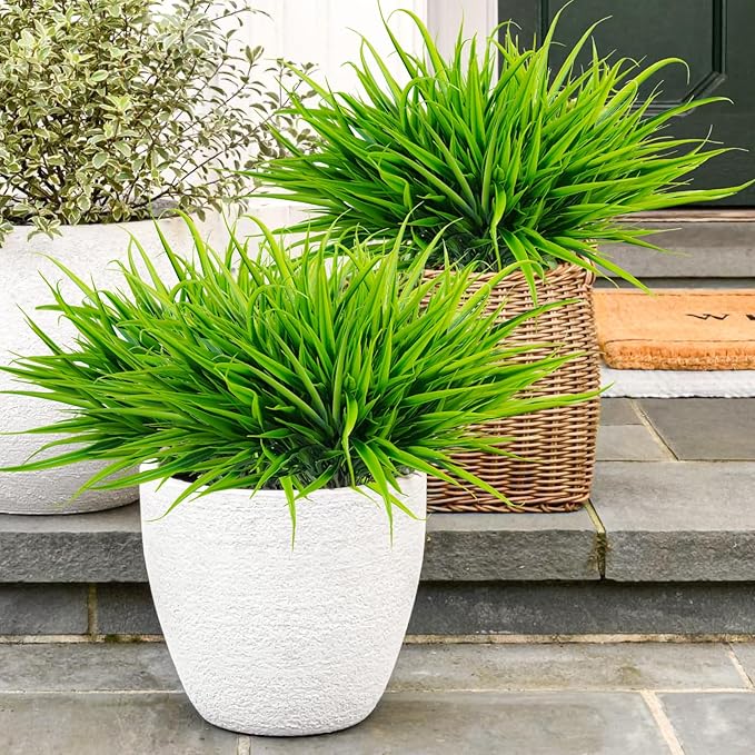 Uieke 6 Bundles Artificial Outdoor Plants UV Resistant Fake Grass Plants Faux Plastic Plants Greenery Shrubs for Home Garden Pathway Window Box Front Porch Cemetery Spring Summer Decor, Green-VerdiqueGarden