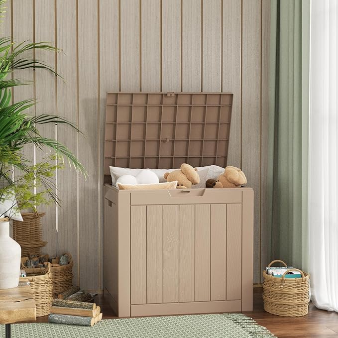 36 Gallon Outdoor Deck Box,Storage Lockable Waterproof Patio Furniture,Garden Tools,Cushions,Pool Accessories Outside Storage Resin Box(Grey)-VerdiqueGarden