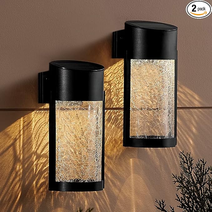 Solar Outdoor Wall Lights Fixture Set of 2 Porch Lights Crackled Glass Diffuser with Warm White LED-VerdiqueGarden