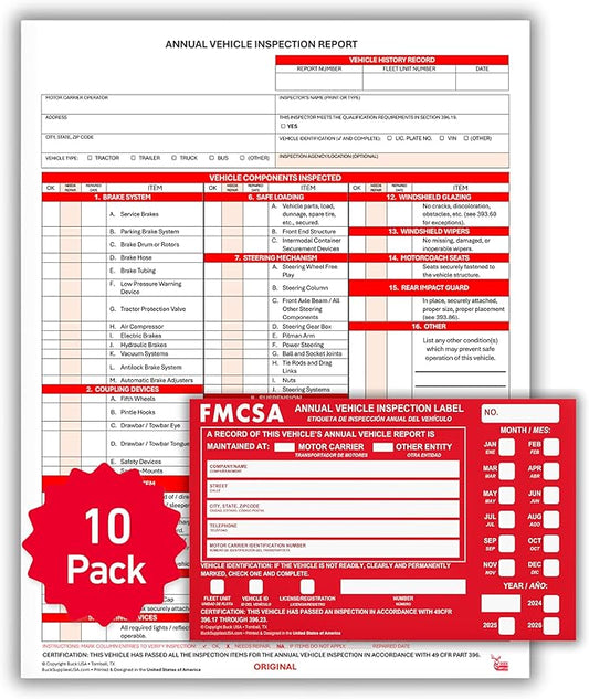10 Pack 3-Ply Carbonless Annual Vehicle Inspection Report Forms with FMCSA Red Aluminum Adhesive Labels, DOT Inspection Forms and Stickers, Shrink-Wrapped, 8.5" x 11.75" - Made in USA-VerdiqueGarden