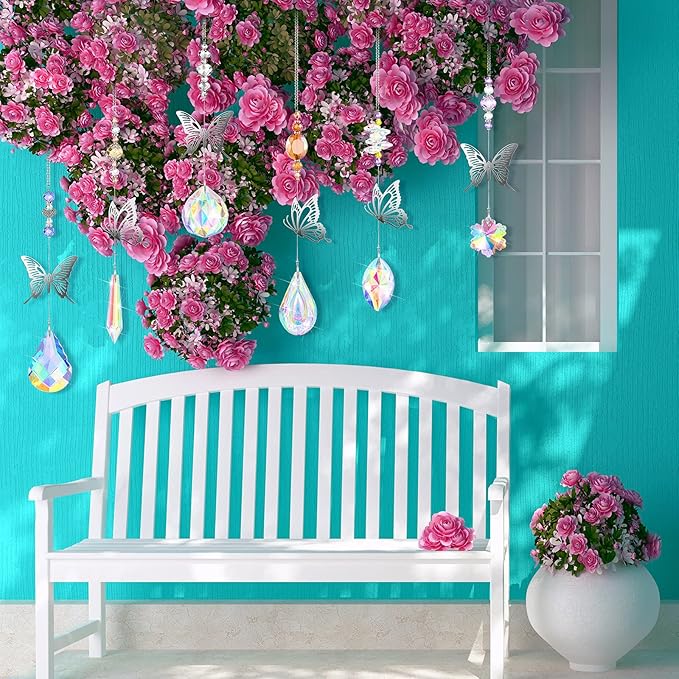 Hicarer 7 Pieces Crystals Suncatcher Butterfly Prism Sun Catchers Colorful Crystal Chandelier Rainbow Pendant Christmas Tree Decor Wall Hanging Window Ornament-VerdiqueGarden