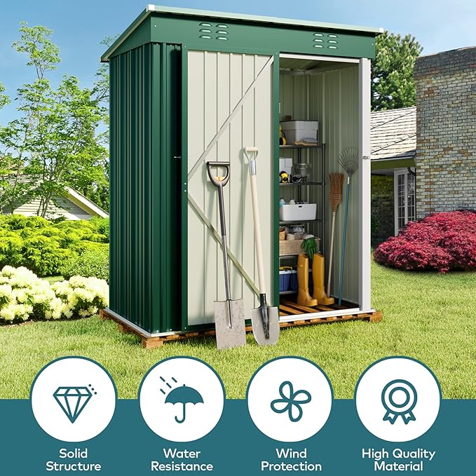 Gizoon 5' x 3'Outdoor Storage Shed with Singe Lockable Door,Galvanized Metal Shed with Air Vent Suitable for The Garden,Tiny House Storage Sheds Outdoor for Backyard Patio Lawn-Green-VerdiqueGarden