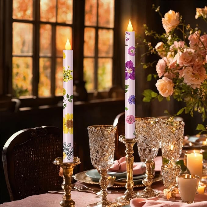 Nuanchu 6 Pcs Floral Taper Candles 10.6 Inch Pastel Flameless Candle Battery Operated Dried Flower Candlestick LED Pressed Floral Candlestick for Summer Home Wedding Dining Garden Party Decoration-VerdiqueGarden
