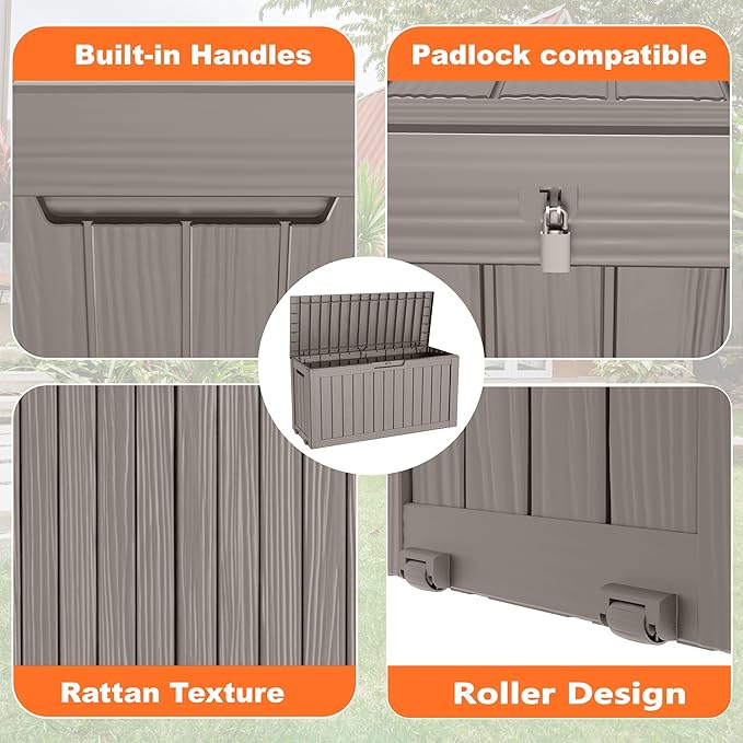 75 Gallon Resin Deck Box, Lockable Patio Outdoor Storage Box for Furniture, Garden Tools and Tools Storage, Waterproof Outside Storage Boxes - Grey-VerdiqueGarden