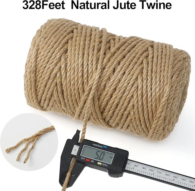 Jute Twine String,328 Feet 5mm Natural Jute Rope,3ply Thin Ribbon Hemp Twine for Gift Wrapping Craft Plant Garden Christmas Handmade Arts Decoration Packing String Home Decor-VerdiqueGarden