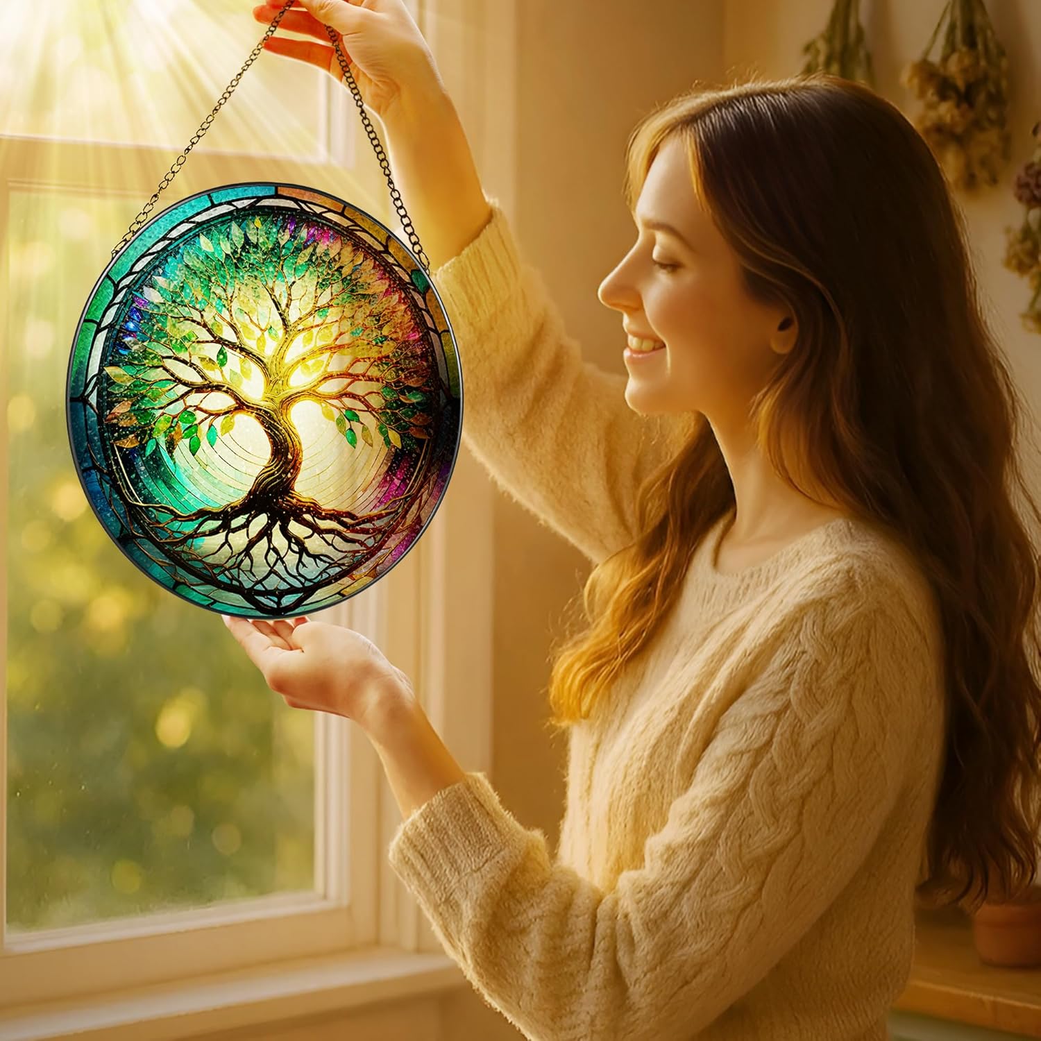 Stained Glass Window Hanging, LAOWEIKI 8'' Tree of Life Suncatcher, Stained Glass Ornament, Suncatchers for Windows Hanging, Window Decor, Outdoor or Indoor, Gifts for Mom, Grandma, Wife, Family-VerdiqueGarden