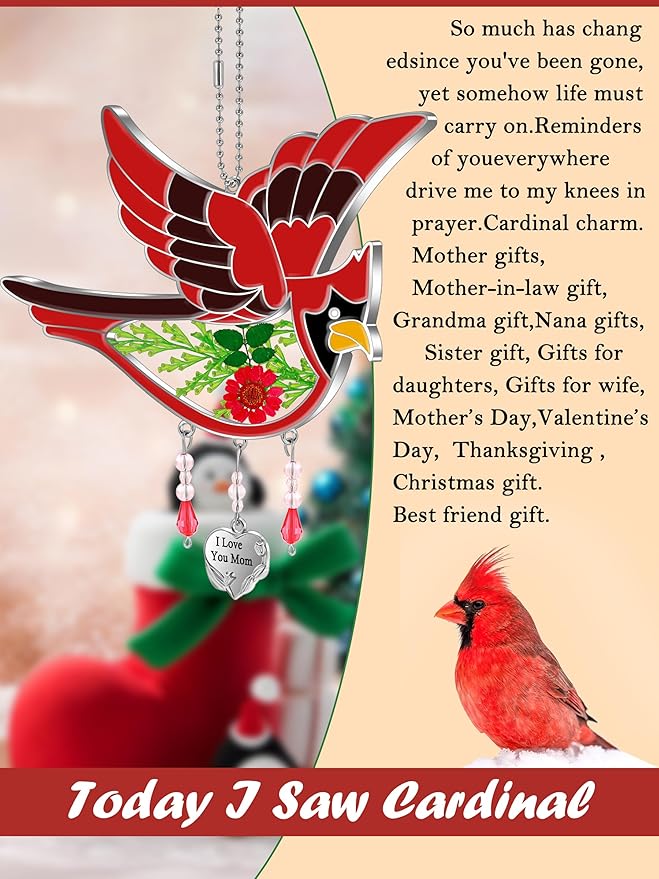 KY&BOSAM Cardinal Suncatcher I Love You Mom Glass Hangings for Windows Wind Chime Ornament with Hand Painted Real Flower and Metal Heart Charm Birthday Gifts for Women Mom Mother's Day-VerdiqueGarden