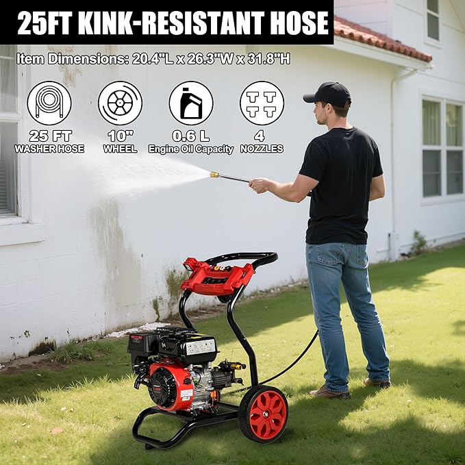 Gas Pressure Washer, 3950 PSI and 2.6 GPM, 7HP Engine with Copper Pump, 25FT Hose and Foam Cannon, 4 Nozzles, for Cars, Driveways, Fences-VerdiqueGarden