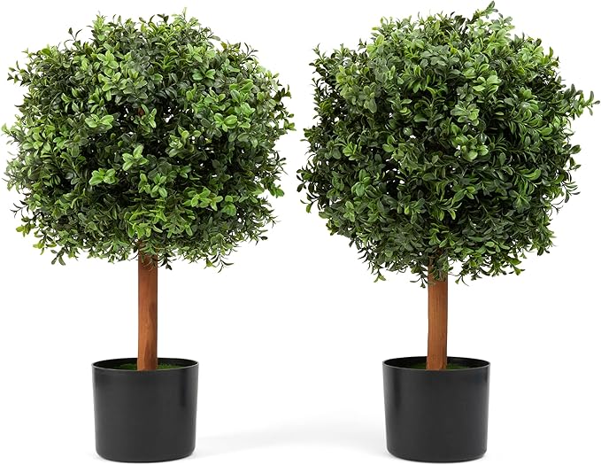 Premium 14" Diameter Artificial Boxwood Topiary – Set of 2 Faux Plants in Black Decorative Planters – UV-Resistant, Weatherproof, Realistic Outdoor & Indoor Greenery Accent-VerdiqueGarden