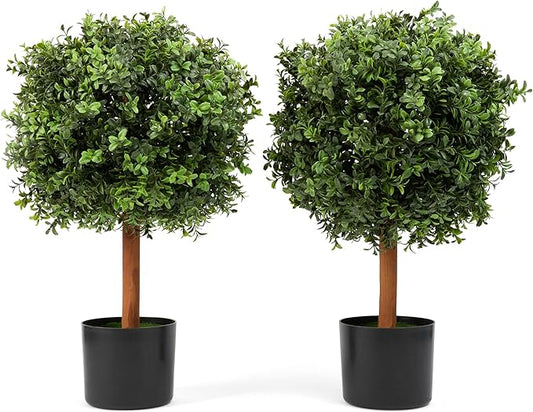 Premium 14" Diameter Artificial Boxwood Topiary – Set of 2 Faux Plants in Black Decorative Planters – UV-Resistant, Weatherproof, Realistic Outdoor & Indoor Greenery Accent-VerdiqueGarden