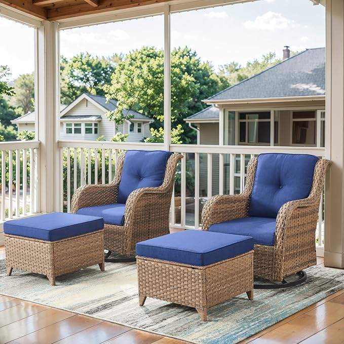 4 Pieces Patio Furniture Sets, Wicker Patio Swivel Glider Chair with Ottomans, Outdoor Furniture Set for Outside Porch, Deck, Balcony, Garden, Yellow-VerdiqueGarden