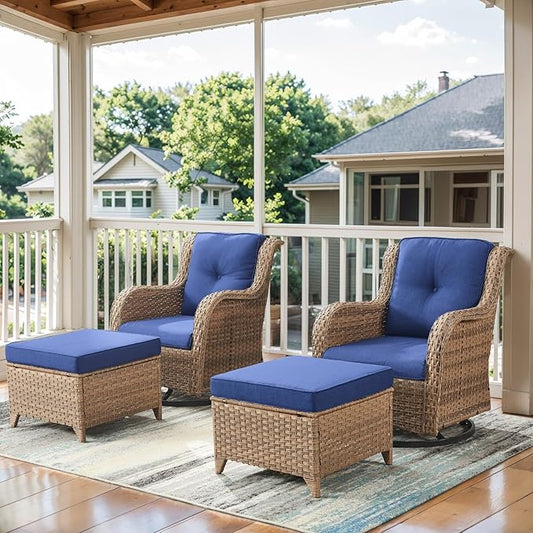 4 Pieces Patio Furniture Sets, Wicker Patio Swivel Glider Chair with Ottomans, Outdoor Furniture Set for Outside Porch, Deck, Balcony, Garden, Yellow-VerdiqueGarden