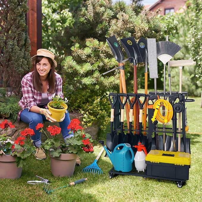 Garden Tool Organizer - Heavy Duty Garage Storage and Organization with Wheels - Large Garden Tool Storage Holder for Lawn Yard Patio Shed,Garage Shovel Rack-VerdiqueGarden