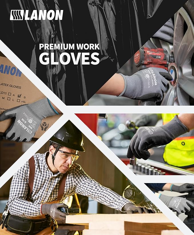 LANON 18 Pairs Safety Work Gloves, Mechanic Working Gloves for Men,Breathable PU Coated, Seamless Knit,Double Wash, Grey, Medium-VerdiqueGarden
