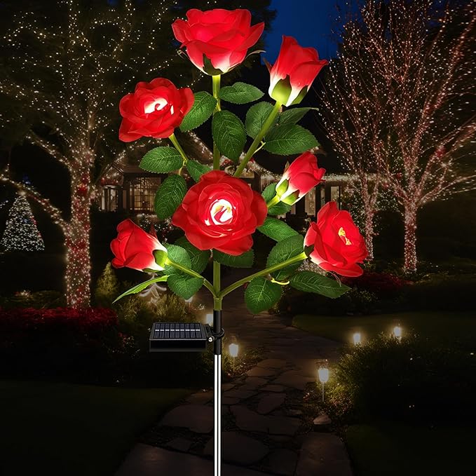 1 Pack Solar Garden Lights Outdoor, 7-Flower Rose Solar Lights for Yard, LED Solar Powered Stake Lights for Patio Pathway Lawn Fence Cemetery, Red-VerdiqueGarden