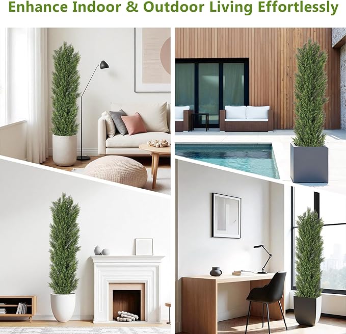 THE BLOOM TIMES 6ft Tall Topiary Trees Artificial Outdoor – UV Resistant Faux Cedar Pine Cypress Bushes and Shrubs, Fake Potted Plants for Front Porch Outside Planter Patio Decor, Set of 2 (6 Foot)-VerdiqueGarden