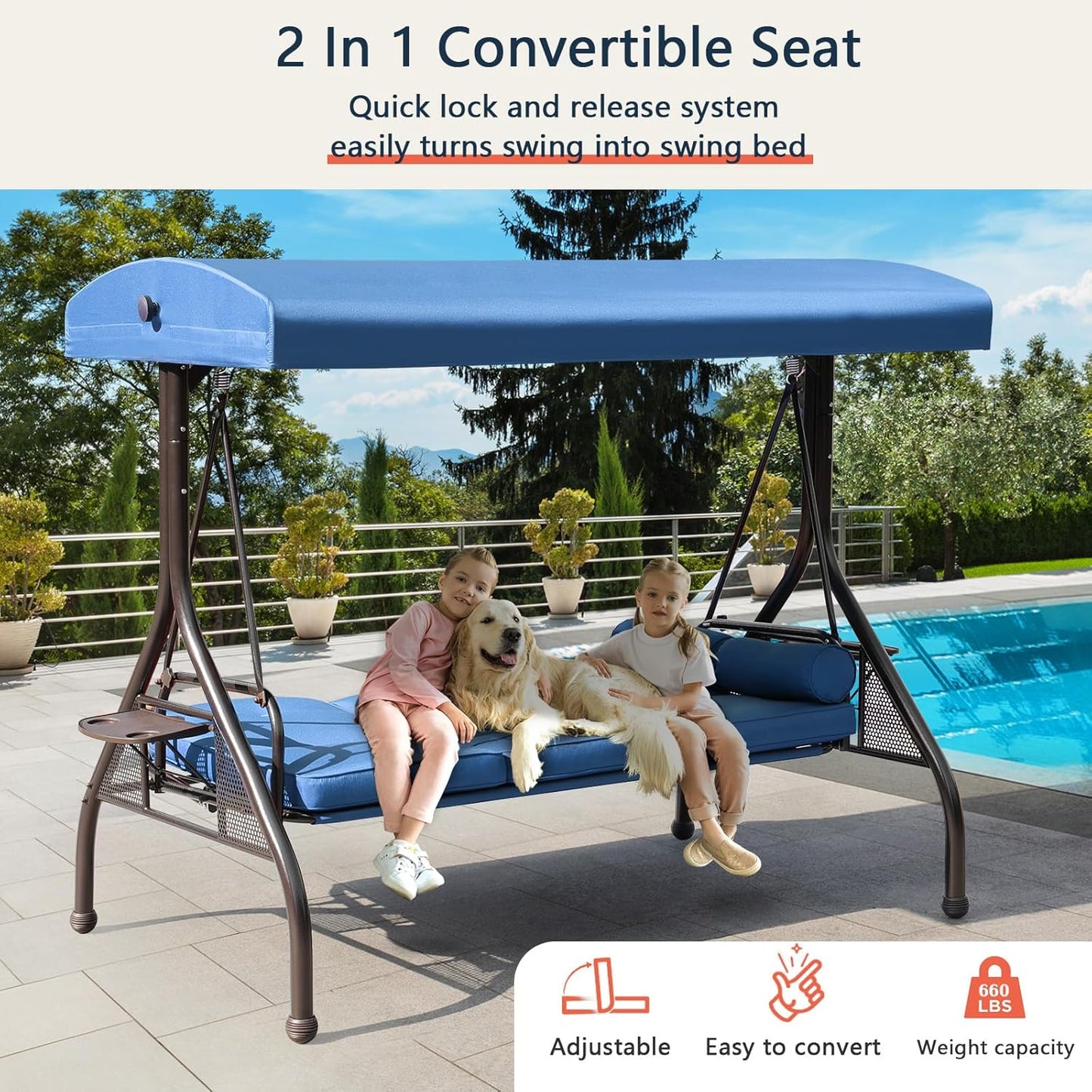 NOBLEMOOD Patio Porch Swing, 3-Seat Outdoor Swing with Adjustable Canopy, Waterproof Fabric Cushion, Pillow and Foldable Side Tray for Patio, Backyard, Porch Swing Bed for Spring-VerdiqueGarden