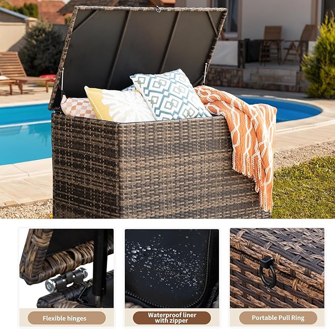 178 Gallon Outdoor Storage Box, Handle Large Portable Wicker Rattan Deck Box for Patio Furniture Cushions, Patio Deck Box with 2 WheelsThrow Pillows, Garden Tools and Pool Floats (Brown)-VerdiqueGarden