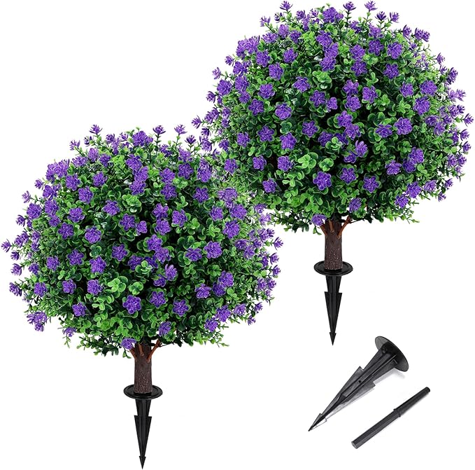 Artificial Purple flower Topiary Ball Tree 25" with Ground Spike, Set of 2 Artificial Boxwood Bushes for Faux Shrubs, Fake Evergreen Faux Plant for Indoor Outdoor Garden -UV Resistant–Fade-Proof-VerdiqueGarden