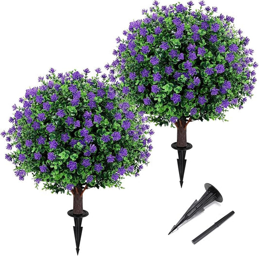 Artificial Purple flower Topiary Ball Tree 25" with Ground Spike, Set of 2 Artificial Boxwood Bushes for Faux Shrubs, Fake Evergreen Faux Plant for Indoor Outdoor Garden -UV Resistant–Fade-Proof-VerdiqueGarden