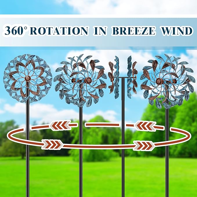 360° Wind Spinners Outdoor, Wind Sculptures Windmill with Metal Stake, Kinetic Large Metal Yard Art Decor Spinners Pinwheels for Garden Outside Patio Lawn, 63.2 * 13.2"-VerdiqueGarden