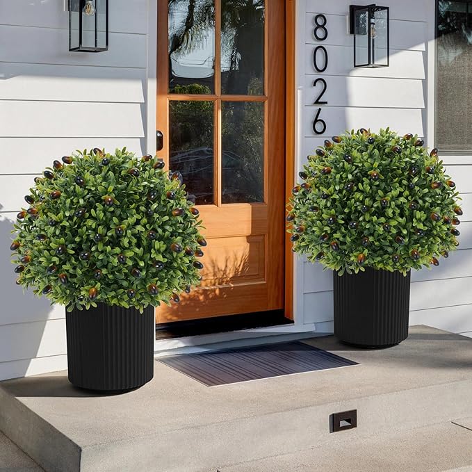 Artificial olive Topiary Ball Tree 24" with Ground Spike, Set of 2 Artificial Boxwood Bushes for Faux Shrubs, Fake Evergreen Faux Plant for Indoor Outdoor Porch Garden -UV Resistant–Fade-Proof-VerdiqueGarden