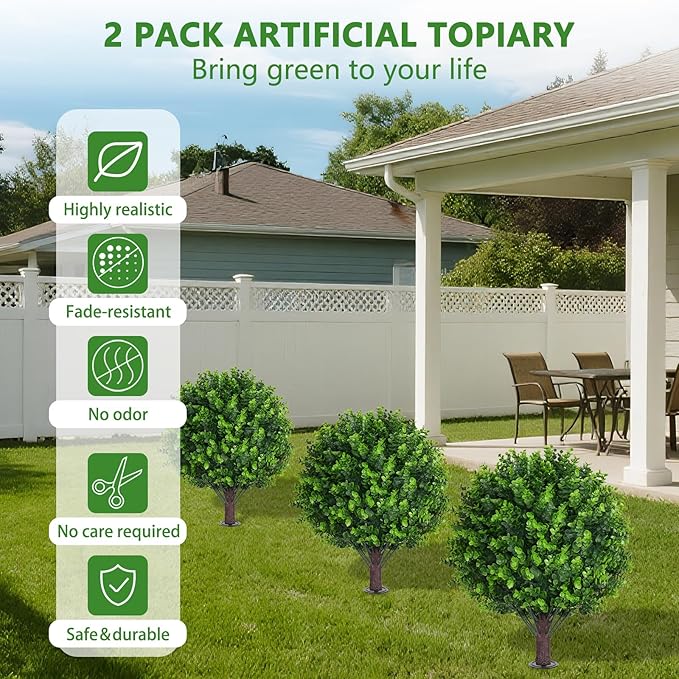 Artificial Eucalyptus Topiary Ball Trees with Ground Spike, Set of 2 UV Resistant Artificial Shrubs, Fake Evergreen Artificial Plant Bushes for Indoor Outdoor Front Porch Garden-VerdiqueGarden