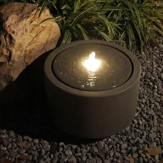 10.23” H Outdoor Water Fountain Made with Eco-Friendly Recyclable Materials, Polyethylene Round Bubbler Outdoor Fountain, Garden Decor with LED Light for Patio, Porch, Backyard-VerdiqueGarden