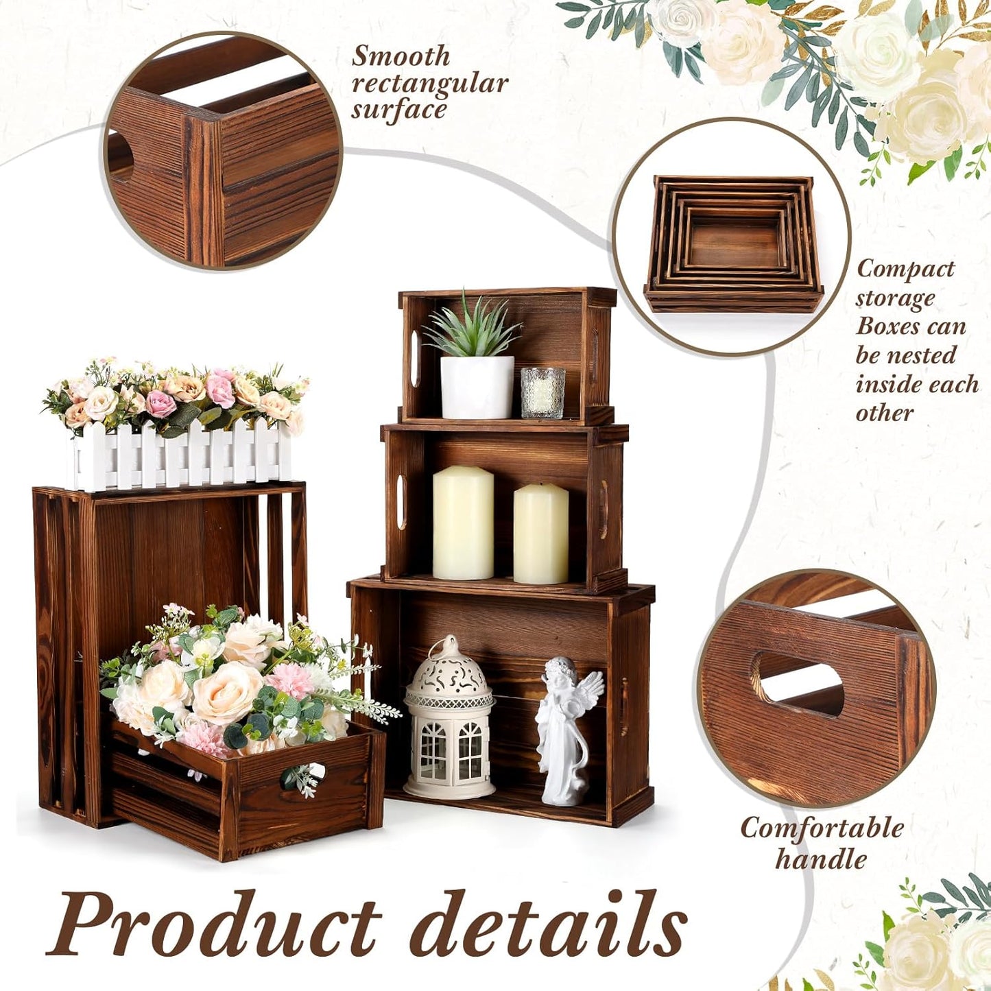 5 Pack Decorative Wood Crates for Display 5 Sizes Rustic Nesting Wooden Crates Vintage Storage Container Boxes with Handles Handmade Decorative Baskets Bin for Farmhouse(Rustic Brown)-VerdiqueGarden