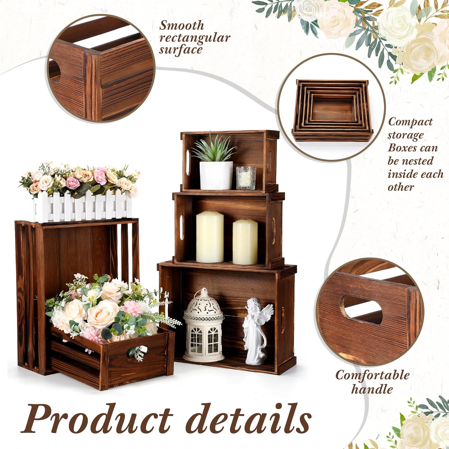 5 Pack Decorative Wood Crates for Display 5 Sizes Rustic Nesting Wooden Crates Vintage Storage Container Boxes with Handles Handmade Decorative Baskets Bin for Farmhouse(Rustic Brown)-VerdiqueGarden