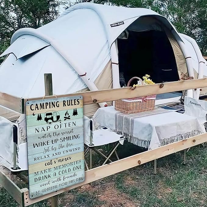 Camping Decor For Camper Camping Rules Sign Metal Tin Signs Lake Camper Door Decorations For Inside Funny Camping Themed Decor Rv Wall Art Decor Cabin Sign 12 X 8 Inch-VerdiqueGarden