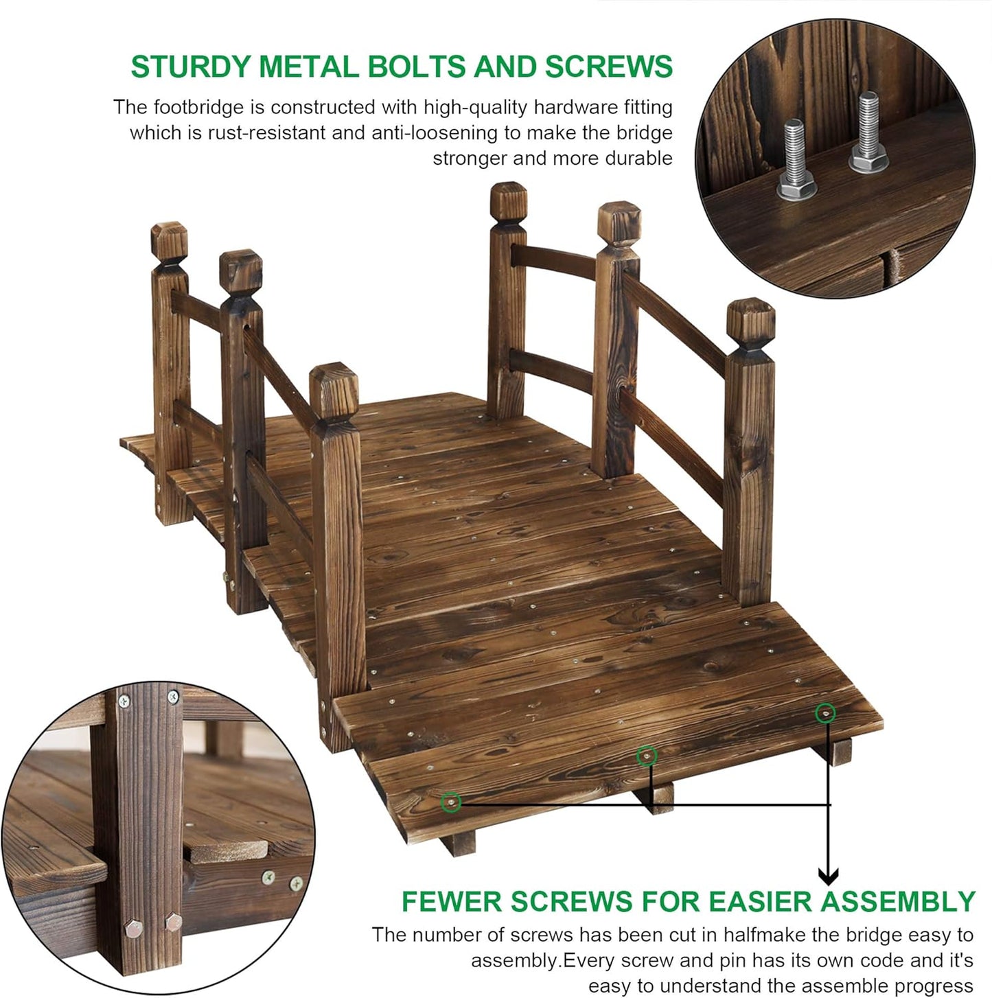 5FT Wooden Garden Bridge Arch Stained Finish Footbridge Decorative Backyard Bridge with Double Safety Railings Outdoor Lawn Pond Bridge Walkway for Garden Yard Patio Courtyard Farm Stream Creek-VerdiqueGarden