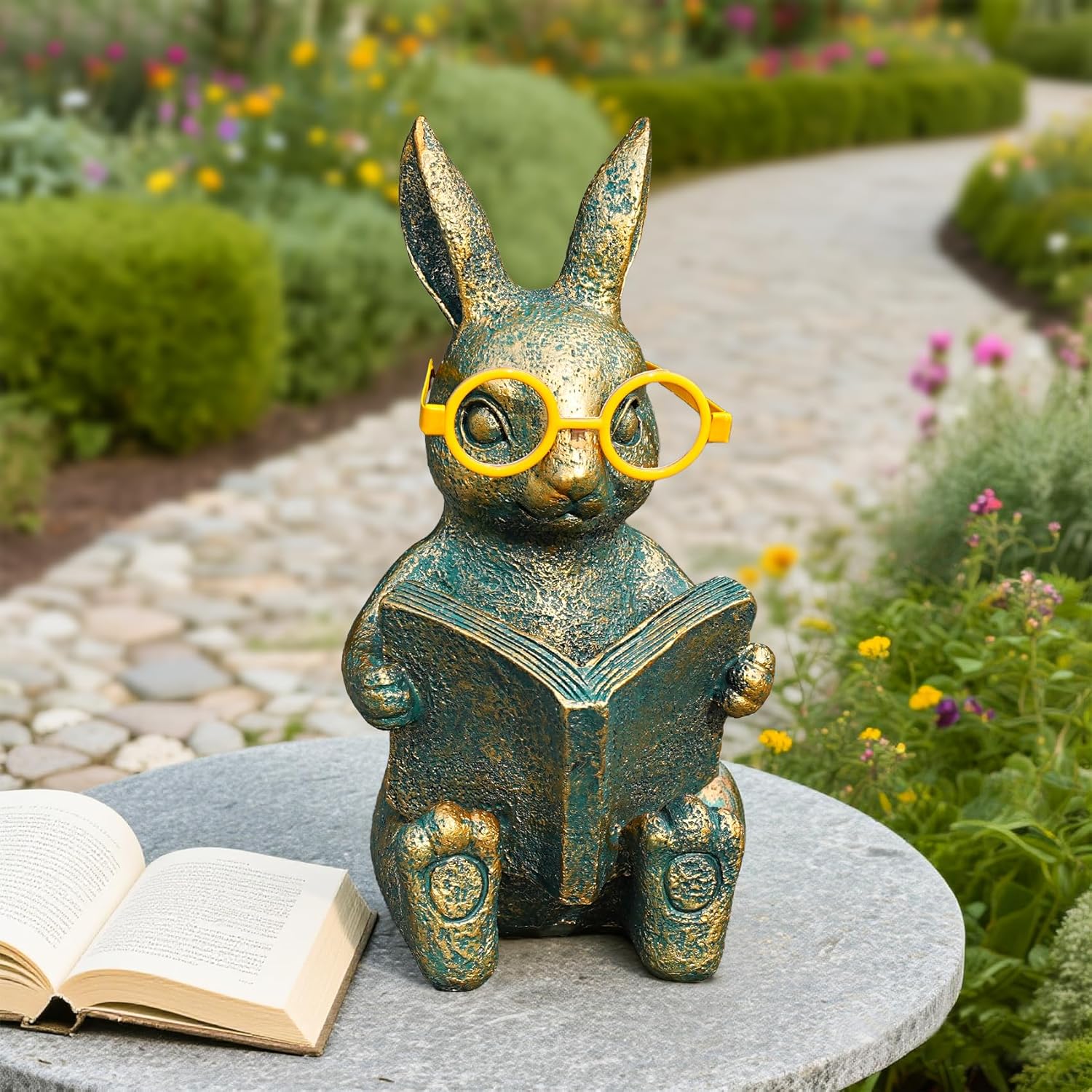 Solar Garden Decor, Adorable Rabbit Statue with Solar-Powered Glasses, Outdoor Bunny Figurine Lights for Patio, Yard & Balcony, for Kids, Mom & Grandma-VerdiqueGarden
