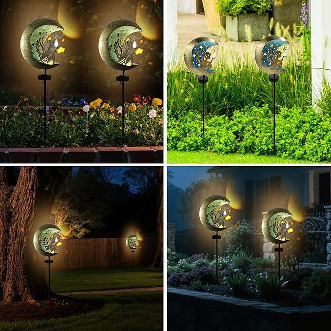Solar Angel Moon Garden Stake Light – Outdoor Metal Yard Decoration with Crystal Pendant, Waterproof LED Light for Patio, Pathway, Lawn – Rustic Gold & Blue-VerdiqueGarden