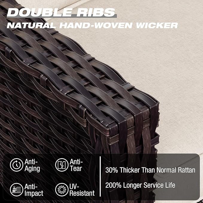 Joyside Wicker Patio Furniture Sets, 5 Pieces Upgraded Large Size Outdoor Furniture with Patio Dining Chairs, 3-Seat Sofa and Outdoor Ottoman, Thick Cushions, Wide Armrest-VerdiqueGarden