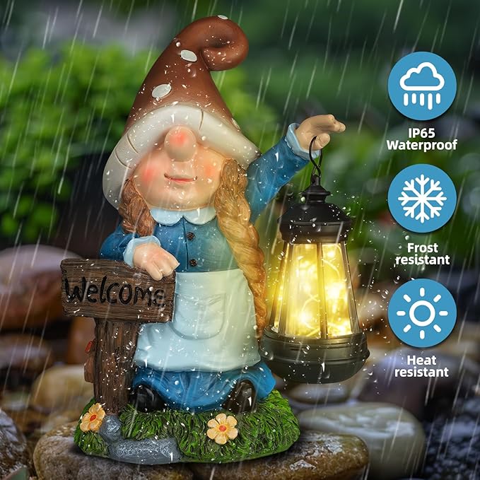 Solar Large Gnome Garden Statue with Welcome Sign Outdoor Decor with LED Lantern Funy for Porch Yard Patio Lawn Ornament Christmas Housewarming Gardening Gift-VerdiqueGarden