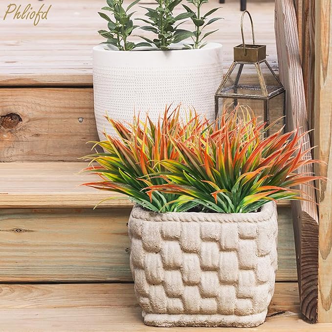 16Pcs Artificial Grass Fake Plants 17.3in Outdoor Plastic Plants UV Resistant Greenery Fake Grass for Home Window Garden Patio Hanging Planter Pathway Front Porch Décor Red-VerdiqueGarden